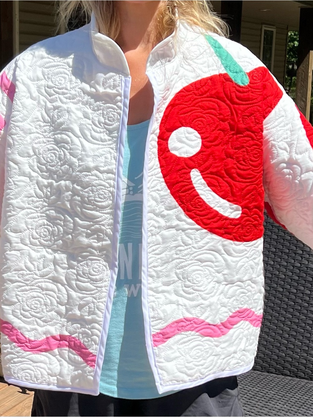 Women’s Handmade One-Of-A-Kind Quilted Jacket with Red Cherry Ma Cherie
